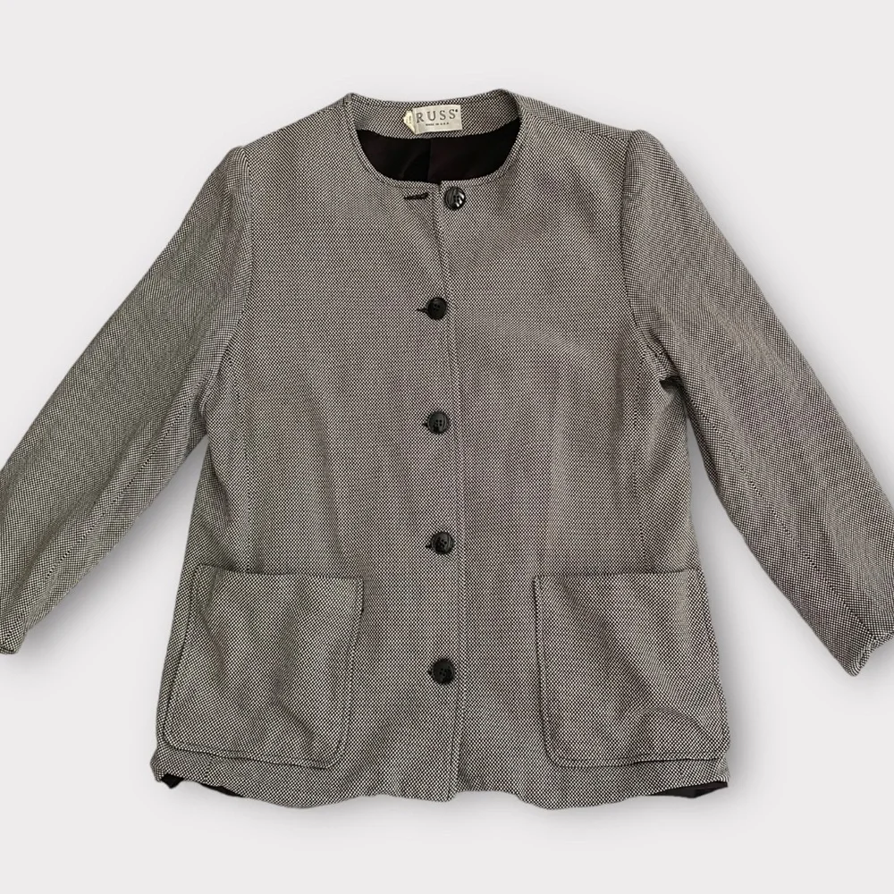 Vintage Russ Women’s Blazer Jacket Small Pincheck Collarless 80s 1980s Corpcore